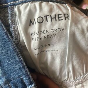 Mother brand light blue denim, light pink double strip crop jeans